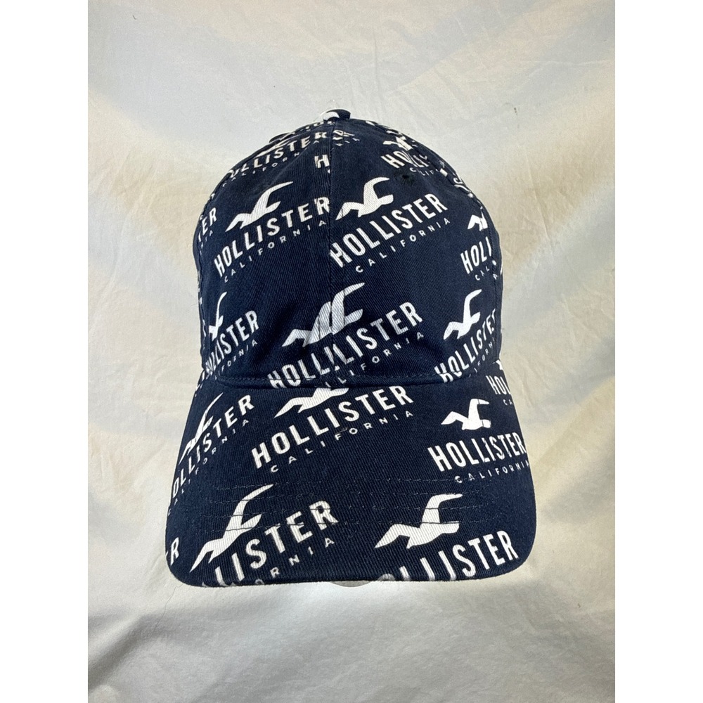 Hollister California Navy Blue All Over Logo Print Adjustable Baseball Hat NEW
